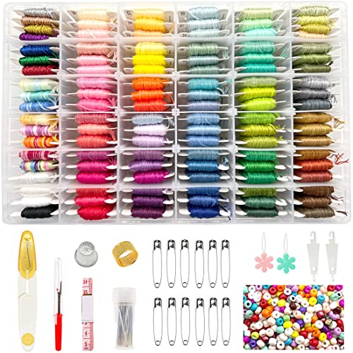 660Pcs Freundschaftsarmband String Kit mit Aufbewahrungsbox, Stickerei Floss Kit enthalten 110 Farben Stickgarn, 500 Perlen, 50 Kreuzstich-Tools für Handstickerei Stricken Nähen Floss Bobbins von Vocmeike