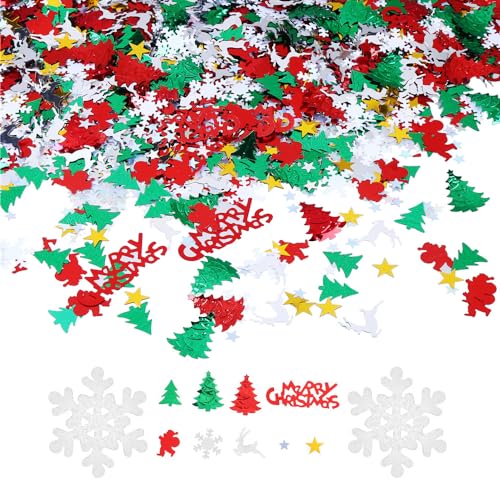 Vocoliday 100g/4800 Stück Weihnachten Konfetti Mix Folie Schneeflocke Pentagram Weihnachtsmann Kiefer Frohe Weihnachten Alphabet Elch Weihnachtsbaum Konfetti hell für Weihnachten Party Dekoration Set von Vocoliday