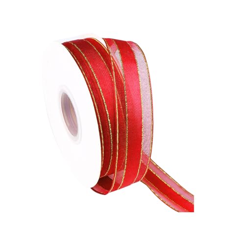 Chiffon-Organza-Satinband, Goldkanten, Organzaband, Chiffonband für Blumensträuße, Geschenkverpackungen, 2,5 cm x 45 m, Rot von Vokenforu