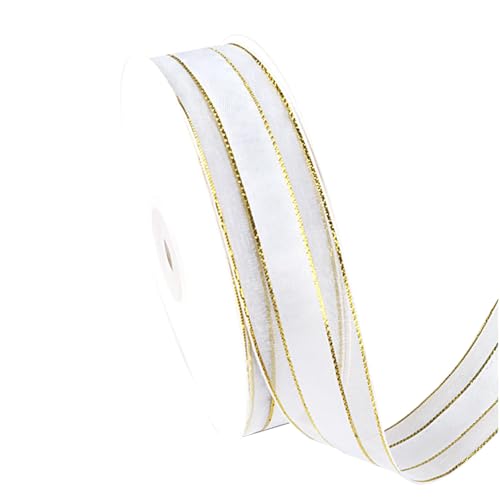 Chiffon-Organza-Satinband, Goldkanten, Organzaband, Chiffonband für Blumensträuße, Geschenkverpackungen, 2,5 cm x 45 m, Weiß von Vokenforu