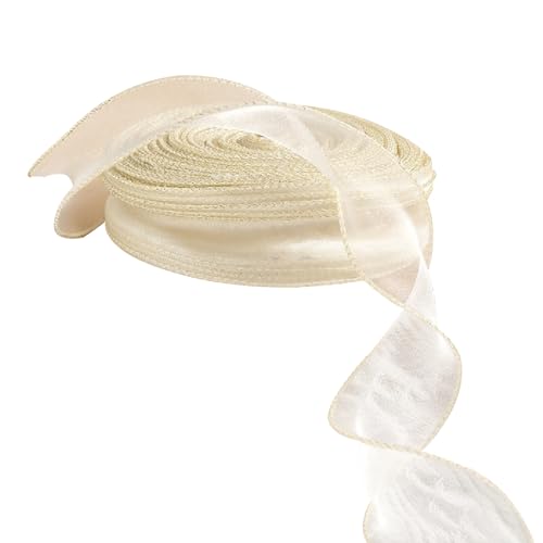 Organza-Chiffonband, goldfarben, Drahtrand, Organzaband, durchsichtiges Chiffonband für Blumensträuße, Geschenkverpackungen, 4 cm x 45 m, Beige von Vokenforu