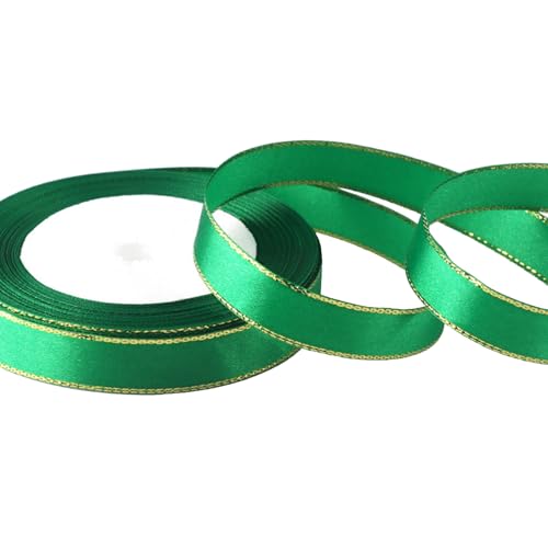 Satinband mit goldenen Kanten, doppelseitiges Stoffband, Polyesterband für Blumensträuße, Geschenkverpackungen, 1,5 cm x 22 m, Grün von Vokenforu