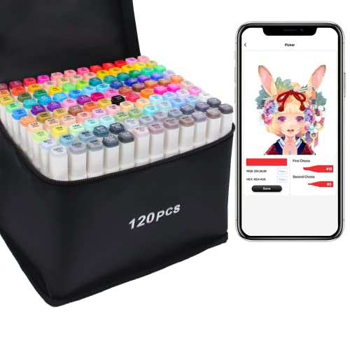 Vokiuler 120 Marker Set, Graffiti Stifte mit exklusiver App, Alkohol Permanenter Marker zum Ausmalen, Doppelkopf-Design Manga Stifte für Tochter Zeichnen Kindergeschenk von Vokiuler