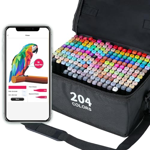 Vokiuler 204 Farben Graffiti Stifte, Alkohol Marker Set mit App, Twin Art Marker Set für Kinder Erwachsene Zeichnen Manga Illustration, Als Geschenk für Weihnachts une Geburtstag mit Tragetasche von Vokiuler