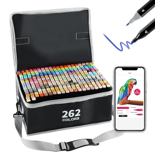 Vokiuler 262 Farben Graffiti Stifte, Alkohol Marker Set mit App, Twin Art Marker Set für Kinder Erwachsene Zeichnen Manga Illustration, Als Geschenk für Weihnachts une Geburtstag mit Tragetasche von Vokiuler