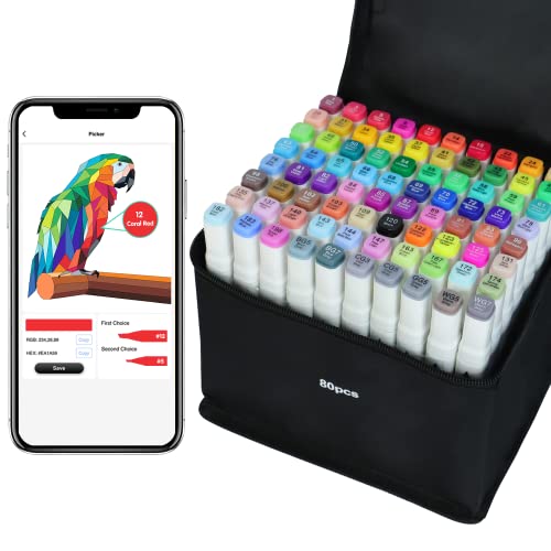 Vokiuler 80 Farben Marker Stifte, Alkohol Marker mit kreativen App, Twin Marker Set für Kinder Erwachsene Zeichnen Manga Illustration, Als Geschenk für Weihnachts une Geburtstag mit Tragetasche von Vokiuler