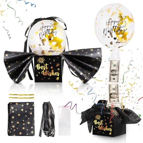 Geldballon-Box zum Ziehen, Happy Birthday, 44 Stück, Überraschungsgeld-Geschenkbox mit Luftballons, Band, Ballonhalter, Geschenkpapier für Familie, Freunde, Kinder von Vokmon