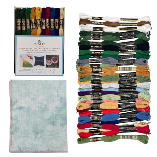 Holiday Decor Collection Stickgarn-Bundle – DMC Stickgarn-Packung, 8 m, Urlaubsdekoration, 30 Stück, mit Aida-Fadenzahl 14, blaugrün, handgefärbter Kreuzstichstoff von VolcanoStitching von VolcanoStitching