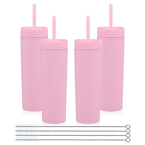 Volhoply 480ml Kunststoff Skinny Becher Mit Deckel und Strohhalm Bulk 4 Pack, Isoliert Doppelwand Bpa Frei Matte Acryl Becher, Eiskaffee Reisebecher Party Cup,Diy Geschenke(Rosa,4 Set) von Volhoply