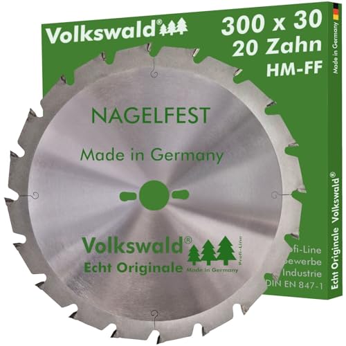 Volkswald ® HM-Sägeblatt FF 300 x 30 mm Z= 20 Nagelfest Kreissägeblatt für Wippsäge Tischkreissäge Brennholzsäge f. Bauholz Brennholz Schalholz Schaltafel Gasbetonstein Faserplatten Massivholz von Volkswald