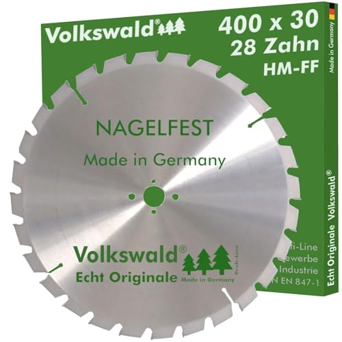 Volkswald ® HM-Sägeblatt FF 400 x 30 mm Z= 28 Nagelfest Kreissägeblatt für Tischkreissäge Wippsäge Brennholzsäge f. Bauholz Brennholz Schalholz Schaltafel Gasbetonstein Faserplatten Massivholz von Volkswald