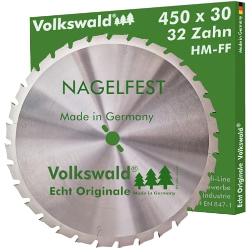 Volkswald ® HM-Sägeblatt FF 450 x 30 mm Z= 32 Nagelfest Kreissägeblatt für Tischkreissäge Wippsäge Brennholzsäge f. Bauholz Brennholz Schalholz Schaltafel Gasbetonstein Faserplatten Massivholz von Volkswald