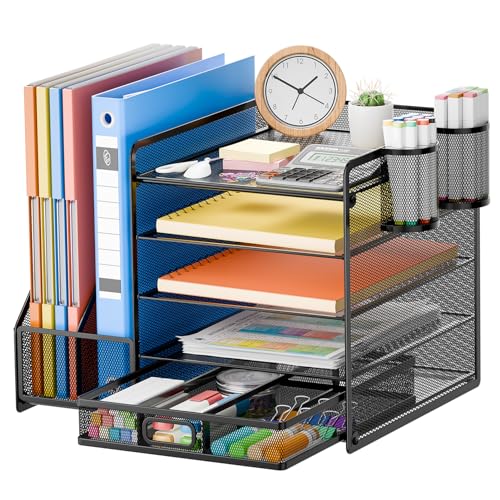Volmop Schreibtisch Organizer mit Aktenhalter,5-Tier Briefablage Ablagefächer mit Schublade und 2 Stifthalter von Volmop