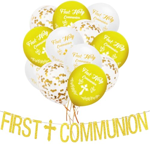 Gold Junge Heilige Kommunion Dekorationen, Mädchen Gold Erstkommunion Dekorationen Konfirmation Dekorationen, 1 Wimpel Wimpelkette 12 Kommunion Luftballons von Volsha