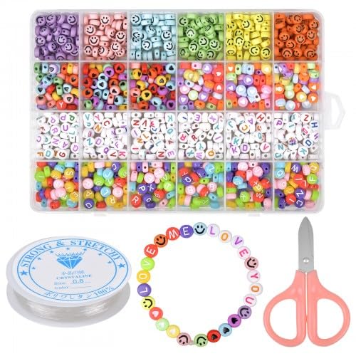 Volumoon 1200 Stück Perlen, A-Z Buchstabenperlen, Bunte Herzperlen, Smiley Perlen, Alphabet Perlen Set, Rund Buchstaben, Perlen zum Armbänder,8mm Gummiband, für Erstellen DIY, Halsketten, Schmuck von Volumoon