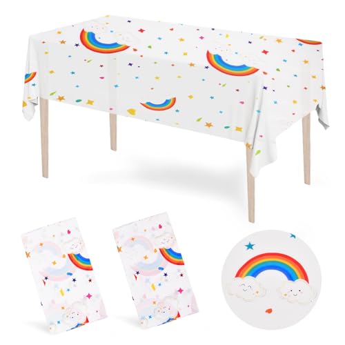 volumoon 2 Stück Tischdecke Regenbogen, Wasserdicht Kunststoff Tischtuch, Einweg Plastik Tischdecken, Niedliche Tischdeko, für drinnen und draußen Picknick Kinder Geburtstag Babyparty, 130 x 220cm von volumoon