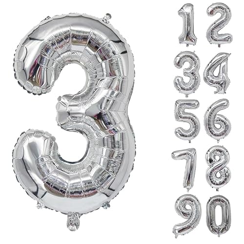 32 Zoll Zahlenballons Riesenzahl Aluminiumfolie Helium Ballons für Geburtstagsfeier Feier Dekoration Neujahr Babyparty Jubiläum (Silber, 3) von Volunx