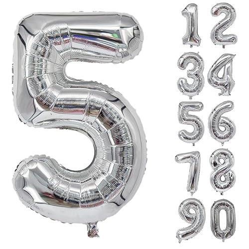 32 Zoll Zahlenballons Riesenzahl Aluminiumfolie Helium Ballons für Geburtstagsfeier Feier Dekoration Neujahr Babyparty Jubiläum (Silber, 5) von Volunx