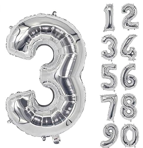 40 Zoll Zahlenballons Riesenzahl Aluminiumfolie Helium Ballons für Geburtstagsfeier Feier Dekoration Neujahr Babyparty Jubiläum (Silber, 3) von Volunx