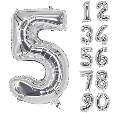 40 Zoll Zahlenballons Riesenzahl Aluminiumfolie Helium Ballons für Geburtstagsfeier Feier Dekoration Neujahr Babyparty Jubiläum (Silber, 5) von Volunx