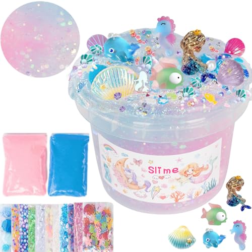 Clear Slime 10.2OZ DIY Schleim Partygeschenke mit 12 Säckchen für Mädchen Jungen und 2 Fluffy Cloud Slime,Slime Wie eine Meerjungfrau,die in einem Meer aus Blau-rosa Schwimmt von Vomkela