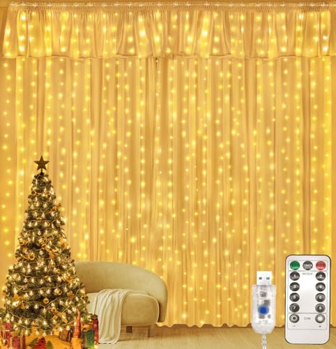 Lichtvorhang,3 x 3 m 360 LEDs Lichterketten Vorhang Lichterketten Vorhang 8 Modi mit Timer, wasserdichte Lichterketten Fenster Innen Außen Dekoration,Zimmer,Schlafzimmer,Hochzeit,Ramadan von Vomkela