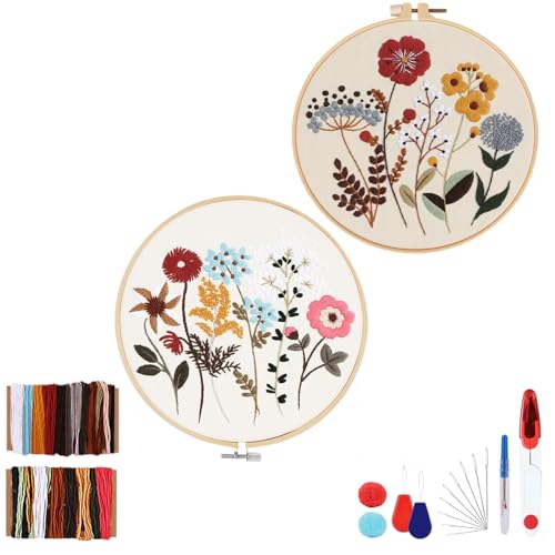 Sticken Set Erwachsene,Stickset für Anfänger Neue Blume Botanisches Muster,Stickrahmen Set Enthält 2 Stück Blumenstickerei,2 Bambus-Stickrahmen und Werkzeug für DIY Kunst, Handwerk,Nähen (Typ 1) von Vomkela