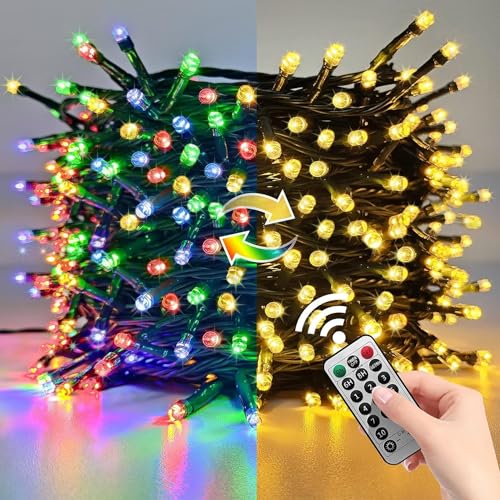 Voolex Lichterkette Außen 20M 200Led, Weihnachten Lichterkette Dimmbar Bunt und Warmweiß 11 Modi, mit Stecker Fernbedienung Timer für Weihnachtsbeleuchtung Haus Party Garten von Voolex