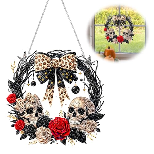 Vordpe DIY Diamond Painting Halloween Deko Türkranz, Einseitig Diamond Painting Herbst mit Kette, Diamond Painting Türkranz, für Halloween Fenster Wand Deko (Skeleton) von Vordpe