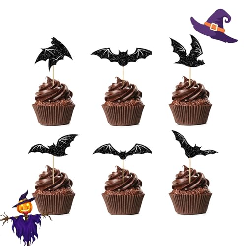 Vordpe 24 Stück Halloween Tortendeko, Halloween Cupcake Deko, Halloween Motto Partyzubehör, Inspiriert Tortenaufleger für Junge Mädchen Party Dekoration (Fledermaus) von Vordpe