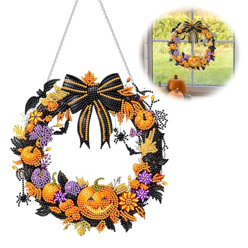 Vordpe DIY Diamond Painting Halloween Deko Türkranz, Einseitig Diamond Painting Herbst mit Kette, Diamond Painting Türkranz, für Halloween Fenster Wand Deko (Kürbis) von Vordpe