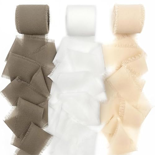 Vorysum Geschenkband Breit 4cm x 5M 3 Rollen, Chiffonband Schleifenband Hochzeit Festival Bänder Seidenband Dekoband autoschleifen Geschenkbänder,Handgefertigt Dekoband Braun,Weiß,Khaki, von Vorysum