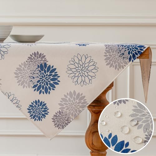 Vorysum Tischdecke Blumen Navy Blau Dahlien Tischwäsche Modern Wasserabweisend Leinen，Dekoration Tischläufer Outdoor Sommer Garten für Hochzeit Esszimmer Party Urlaub Dekor 100 x 100 cm von Vorysum