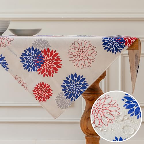 Vorysum Tischdecke Modern Blumen Rot Blau Dahlien Tischwäsche Modern Wasserabweisend Leinen，Dekoration Tischläufer Outdoor Sommer Garten für Hochzeit Esszimmer Party Urlaub Dekor 85 x 85 cm von Vorysum