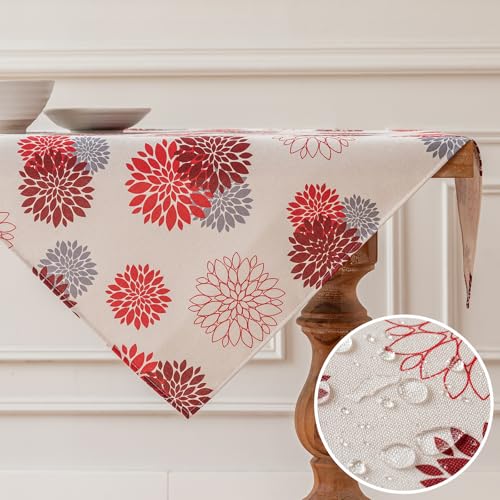 Vorysum Tischdecke Modern Blumen Rot Dahlien Tischwäsche Modern Wasserabweisend Leinen，Dekoration Tischläufer Outdoor Sommer Garten für Hochzeit Esszimmer Party Urlaub Dekor 85 x 85 cm von Vorysum