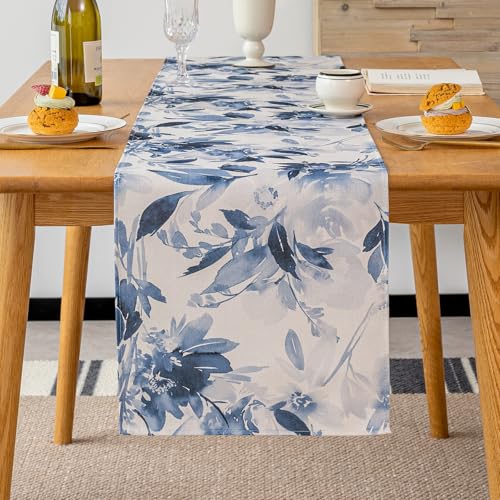 Vorysum Tischläufer Blau Modern Abstrakt Tischläufer Deko Tuschemalerei Blumen Blüte Outdoor Tischläufer Leinen Tischläufer Tischmatten Küche Esstisch Dekoration Drinnen Urlaub Party 33x183cm von Vorysum