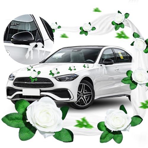 Autoschmuck Hochzeit Motorhaube, Hochzeit Autoschmuck [inkl. Autoschleifen], Weiß Gaze Rosendekoration Set mit 9 Extrastarken Saugnäpfen für Maximalen Halt, Braut Paar Rose Deko für Hochzeit Party von Votgutvo