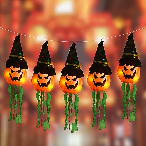 Vothen 5PCS Halloween Kürbis Lichterkette, Halloween Geisterlichter 3m Hängende Leuchtende Kürbis Hexenhut LED für den Innen- und Außenbereich, Party, Garten, Hof, Veranda, Baum von Vothen