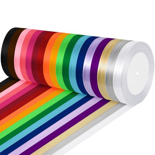 18 Farben Satinband Bänder, 10mm x 22m Polyester Schleifenband Geschenkband, Bänder zum Basteln, Bunt Seidenbänder, für Geschenkverpackung, Basteln, Geburtstag, Taufe, Hochzeitsdekoration von Votoko