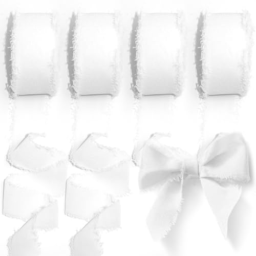 Votoko Chiffonband, 2,5cmx40m Geschenkband Weiß Stoff, Chiffon Seidenband Ausfransen Kanten Ribbon, Chiffonband Stoffband Bänder Set für Hochzeit Seinladungen, Brautsträuße, GeschenkeVerpackungen, DIY von Votoko