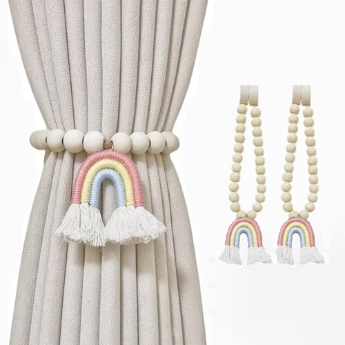 2 Stück Vorhang Raffhalter Magnetische, Vorhang-Krawatten Regenbogen Quasten Gardinenhalter, Vorhang-Raffhalter aus Holz Vorhangschnallen mit Holzperle, Boho Gardinen Raffhalter (Rosa) von Votvlog