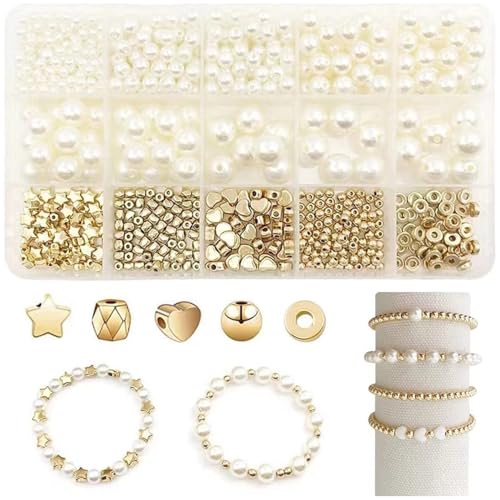 Perlen zum Auffädeln mit Aufbewahrungsbox, Weiße Kunstperlen für Armbänder, Distanzperlen Gold Abstandsperlen Schmuck Schaffung, Perlen zum Auffädeln Basteln Beads Set für Erwachsene und Kinder von Votvlog