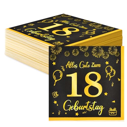 Servietten 18 Geburtstag Deko,Happy Birthday Servietten Schwarz Gold Tischdeko Geburtstag Für 18. Geburtstag Junge Mädchen,18 Stück Geburtstag Papier Servietten Decorations 33x33cm von Voxisroma