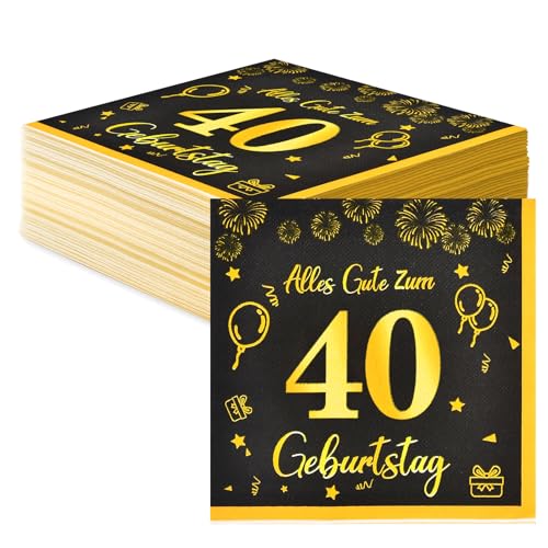 Servietten 40 Geburtstag Deko,Happy Birthday Servietten Schwarz Gold Tischdeko Geburtstag Für 40. Geburtstag Männer Frauen,40 Stück Geburtstag Papier Servietten Decorations 33x33cm von Voxisroma