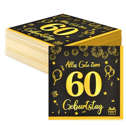 Servietten 60 Geburtstag Deko,Happy Birthday Servietten Schwarz Gold Tischdeko Geburtstag Für 60. Geburtstag Mann Frau,40 Stück Geburtstag Papier Servietten Decorations 33x33cm von Voxisroma