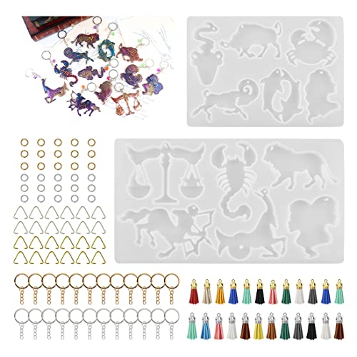 Voyyphixa 12 Sternzeichen Silikonform, Epoxidharz Form Sternbild Schlüsselanhänger, Charm Anhänger Gießform für Schmuckherstellung, mit 24 Quasten Metallzubehör von Voyyphixa