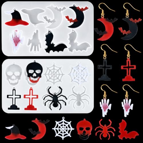 Voyyphixa 2 Stück Epoxidharz Silikonformen Ohrringe Halloween Totenkopf Fledermaus Schmuck Gießformen Resin Earring Molds für Schlüsselanhänger Hängende Lesezeichen Anhänger Ornamente (2PCS) von Voyyphixa