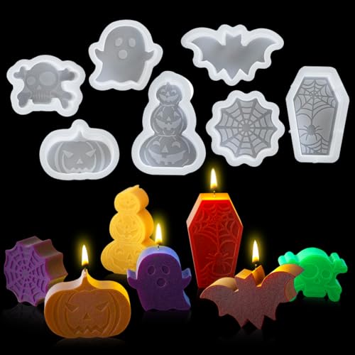 Voyyphixa 7 Stück Halloween Kerzeform Kürbis Kerzen Silikonform Epoxidharz Formen Schädel Sarg Fledermaus Spinnweben Haus Ornament Gießform für DIY Kerzen Seife Handwerk von Voyyphixa