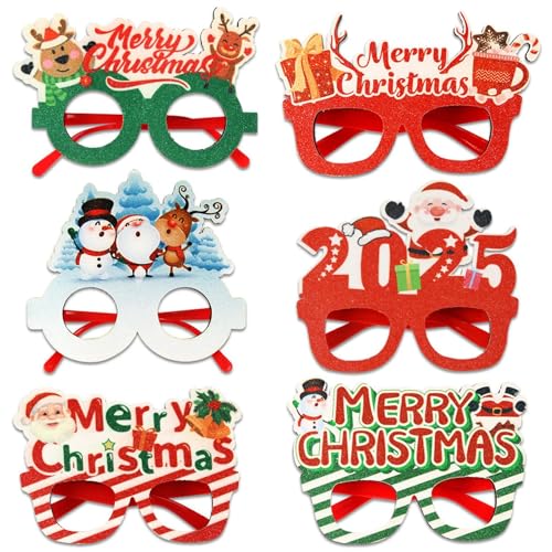 Vriusi 6pcs 2025 Christmas Glasses Frames, Holiday Eyewear Christmas Glasses, Photo Props New Year Glasses, Holiday Costume Eyeglasses, Christmas Glasses for Christmas Holiday Decoration von Vriusi