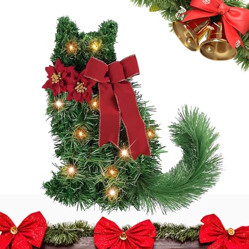 Vriusi Christmas Cat Wreath, Lighted Holiday Wreath, Christmas Door Wreath, Red Bow Christmas Wreath, Decorative Holiday Wreath, Artificial Christmas Wreath, Cat Themed Wreath, Christmas Wreath With L von Vriusi